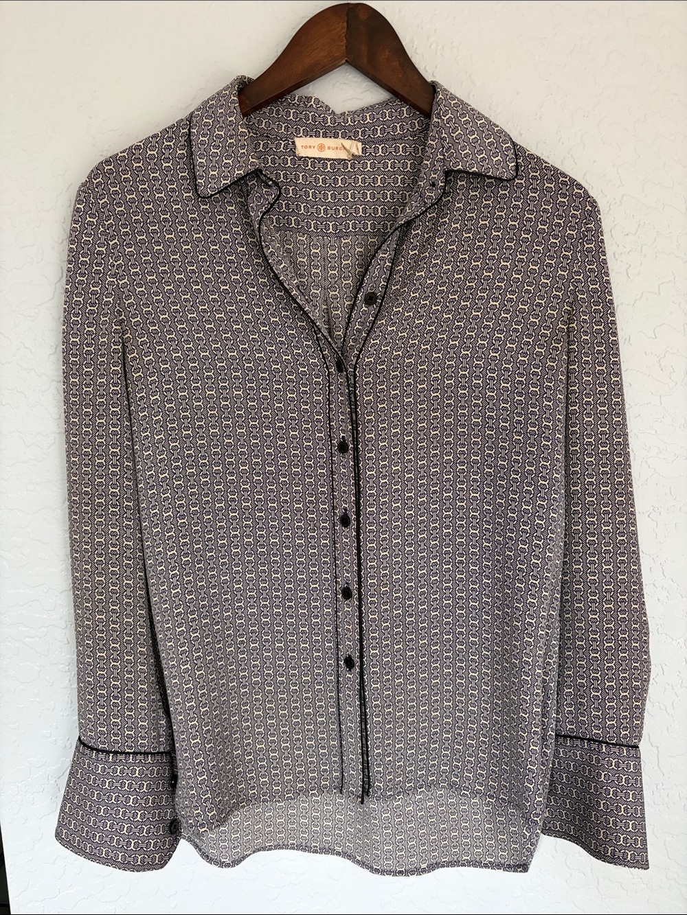 Tory Burch Navy and White Printed Button-Up Blouse